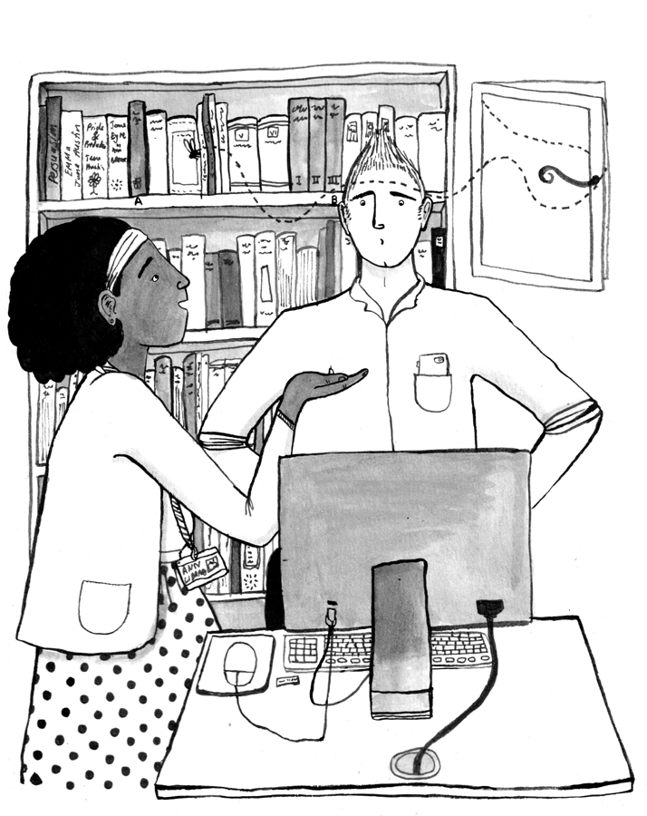 Ann and John in the library – an illustration from Busy Bee and the Silent Spring