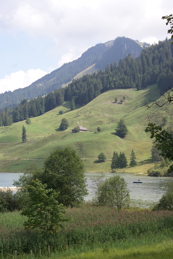 The beautiful landscape that can only be Switzerland with the gentle green slopes descending down to Lac Noir, Fribourg
