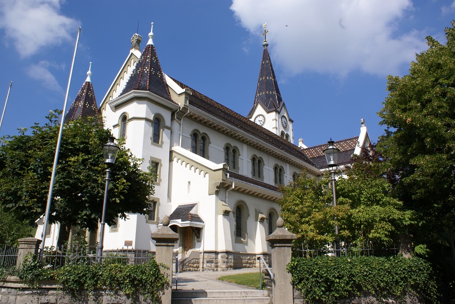 Side view of the catholic parish church in Plaffeien, Fribourg, Switzerland